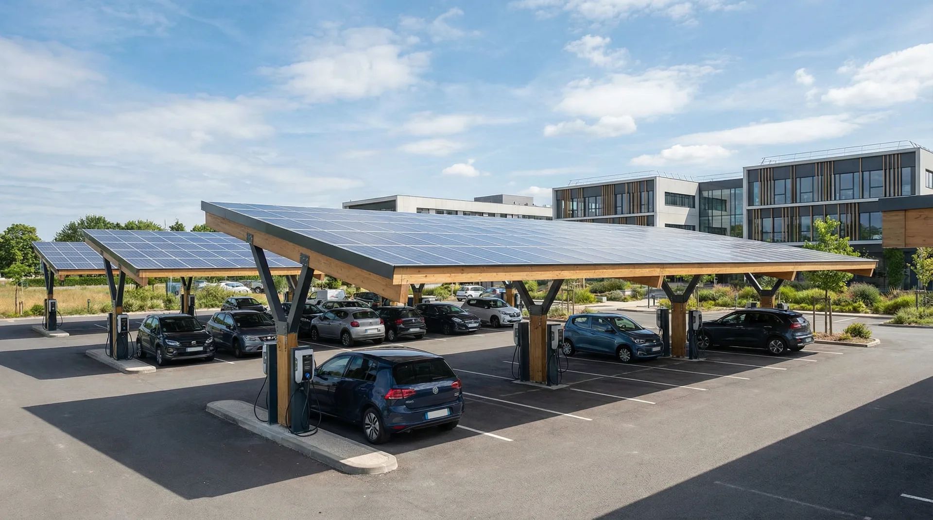 Ombrières solaires avec bornes de recharge électrique - Innovation mobilité durable