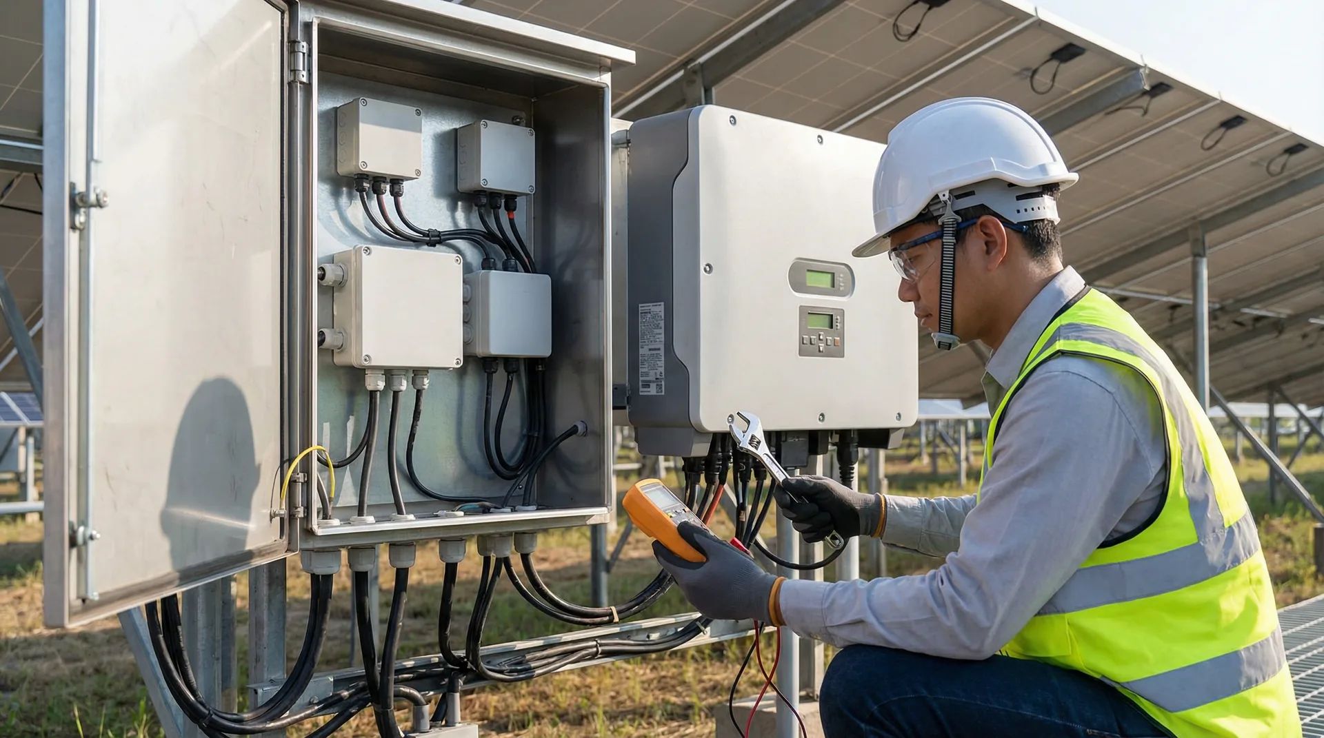 Travaux d'installation électrique sur la centrale photovoltaïque