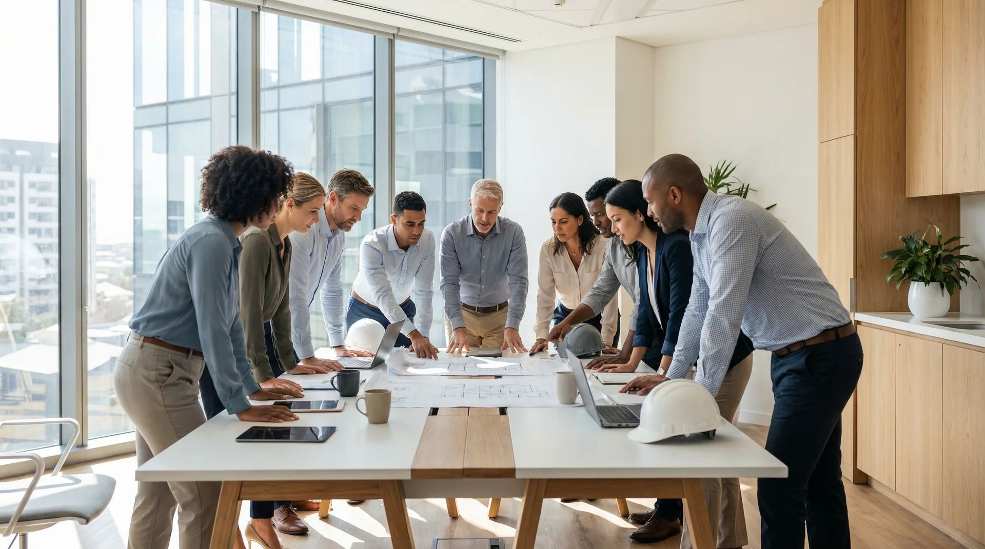 Équipe d'ingénieurs SOLANEA en réunion de projet dans un bureau moderne et lumineux