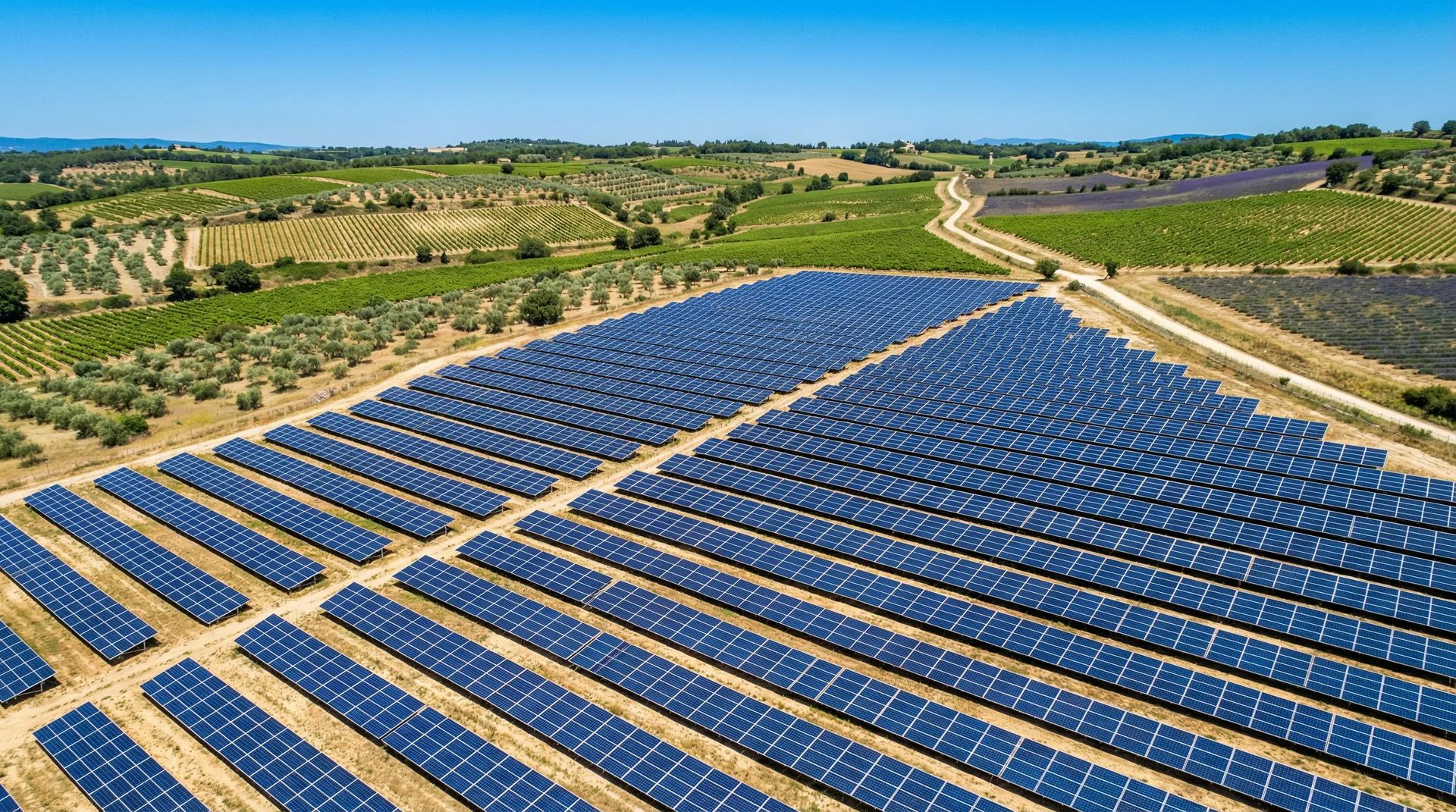 Vue aérienne d'une ferme solaire en Provence