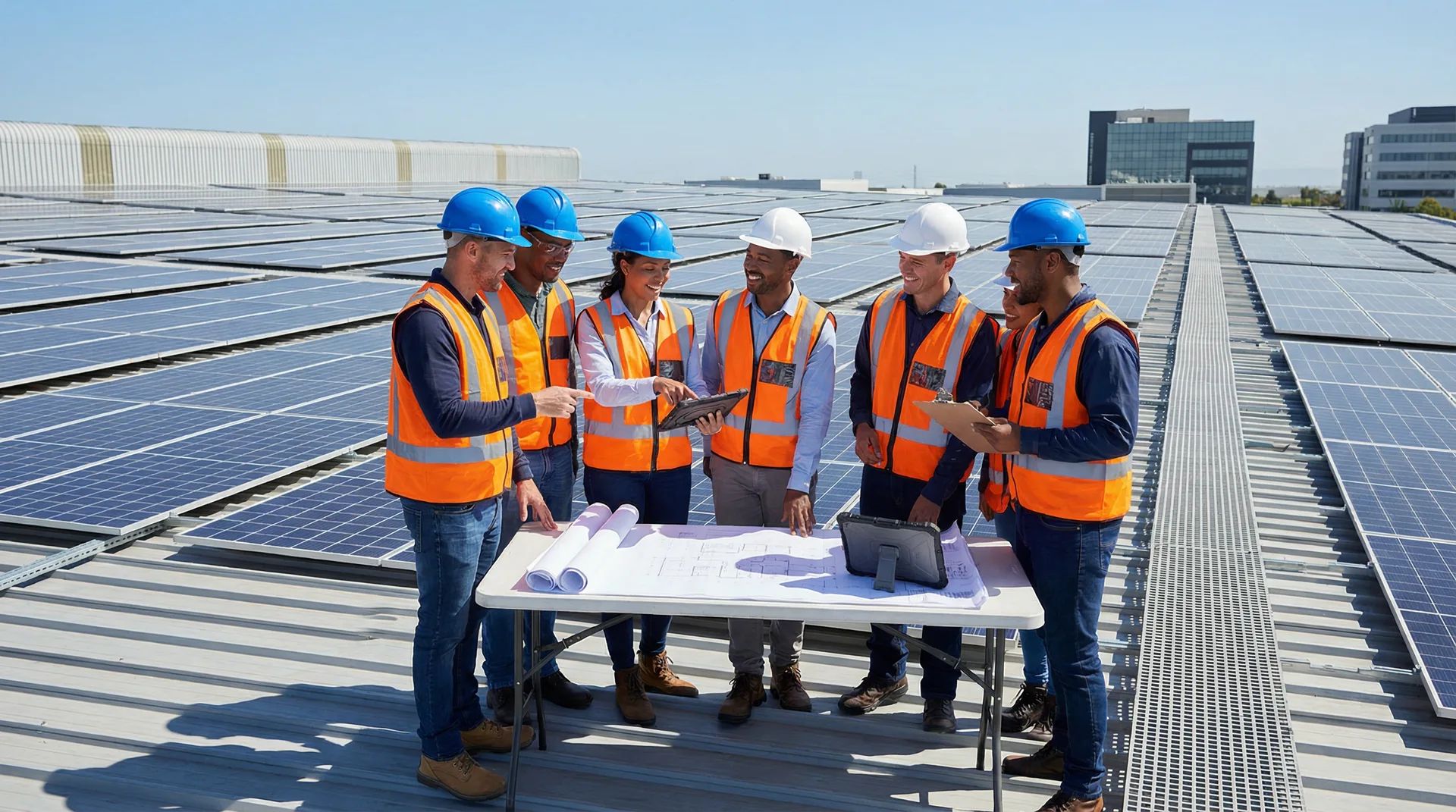 Équipe d'ingénieurs SOLANEA sur un chantier photovoltaïque - Certification RGE